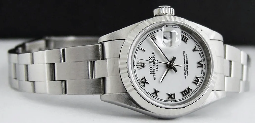 ROLEX Ladies 26mm 18kt White Gold & Stainless Steel DateJust White Roman Model 69174