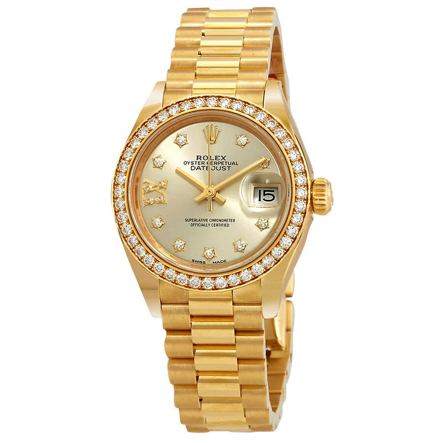 Rolex Lady Datejust Silver Diamond Dial 18 Carat Yellow Gold President Watch 279138SRDP