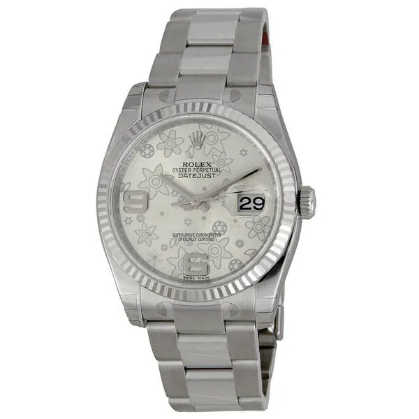 Rolex Oyster Perpetual 36 mm Silver Floral Dial Stainless Steel Bracelet Automatic Men's Watch 116234SAFO