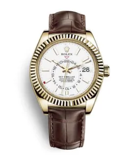 Rolex Sky-Dweller White Dial Automatic 18kt Yellow Gold Men's Leather Watch 326138WSL
