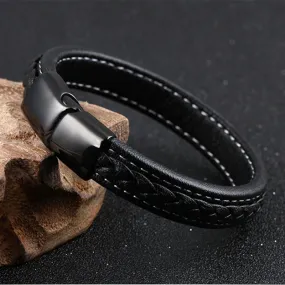 SAMU - Stainless Steel Magnetic Clasps Black Leather Bracelet