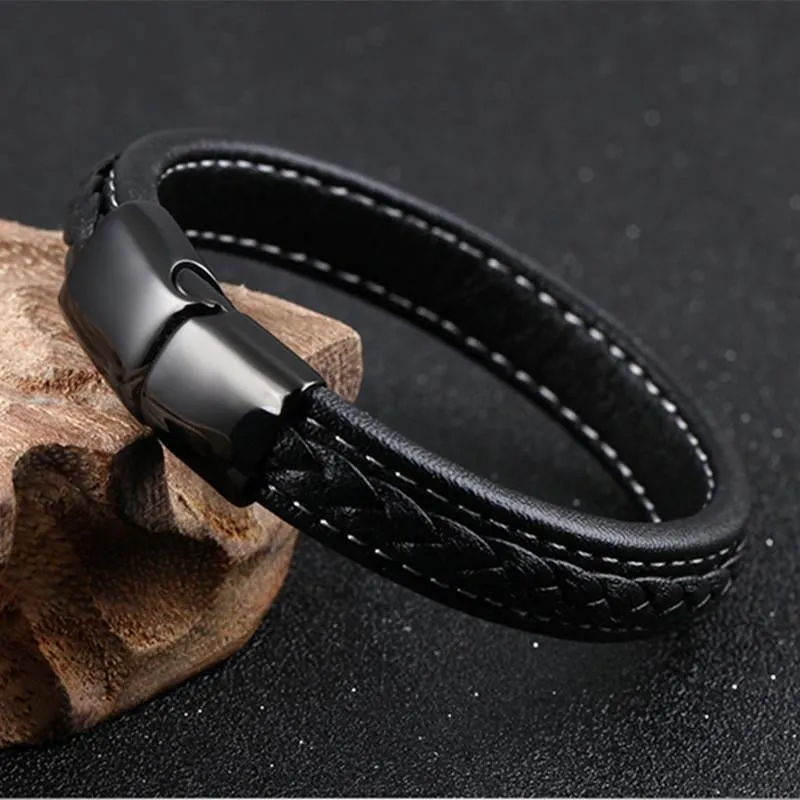 SAMU - Stainless Steel Magnetic Clasps Black Leather Bracelet