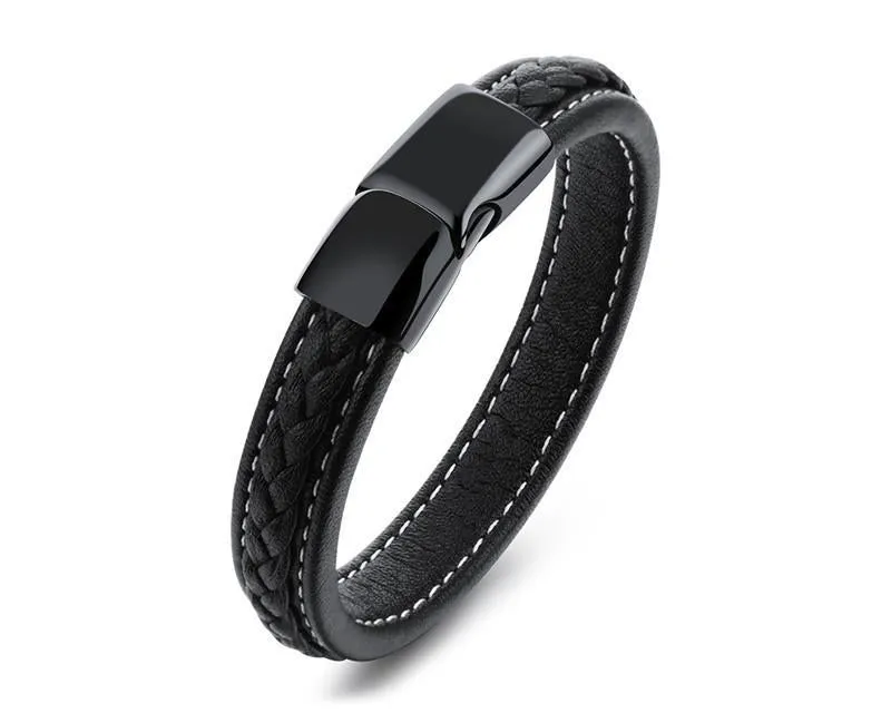 SAMU - Stainless Steel Magnetic Clasps Black Leather Bracelet