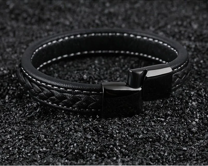 SAMU - Stainless Steel Magnetic Clasps Black Leather Bracelet
