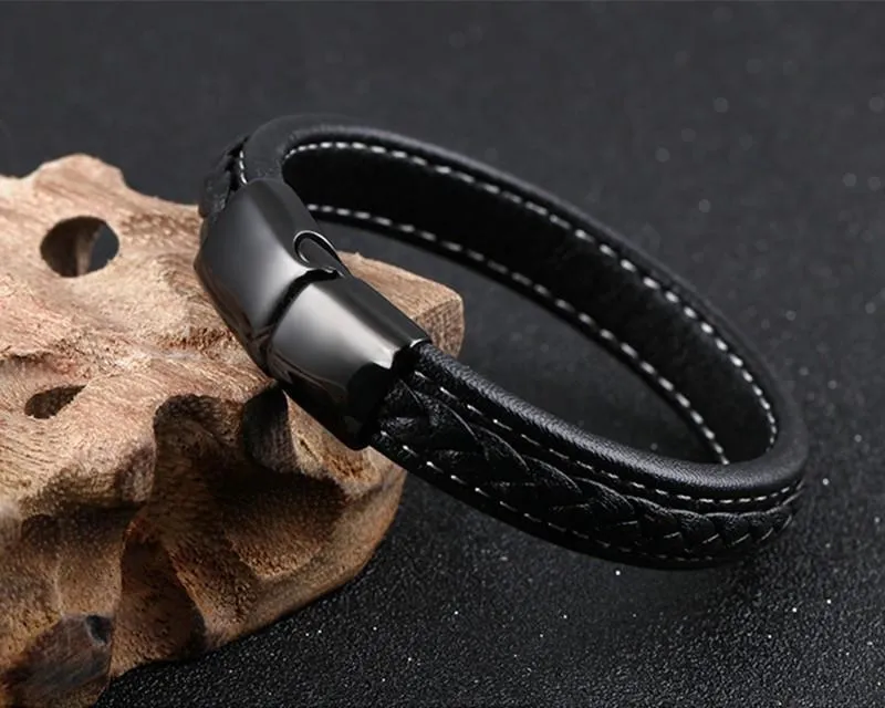 SAMU - Stainless Steel Magnetic Clasps Black Leather Bracelet