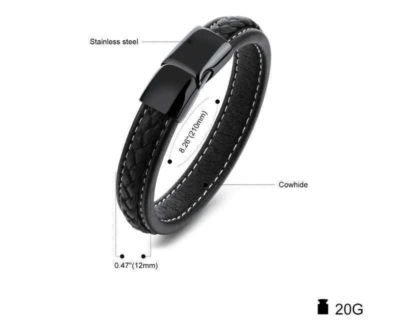 SAMU - Stainless Steel Magnetic Clasps Black Leather Bracelet