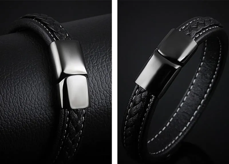 SAMU - Stainless Steel Magnetic Clasps Black Leather Bracelet
