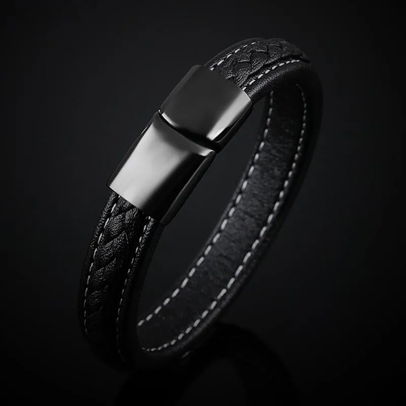SAMU - Stainless Steel Magnetic Clasps Black Leather Bracelet