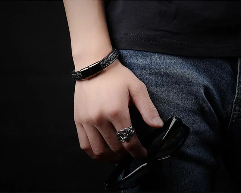SAMU - Stainless Steel Magnetic Clasps Black Leather Bracelet