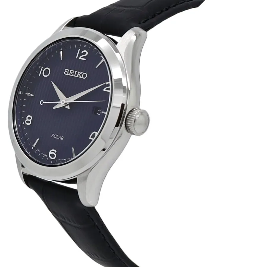 Seiko Solar Quartz Blue Dial Black Leather Men's Watch SNE491