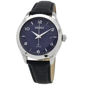 Seiko Solar Quartz Blue Dial Black Leather Men's Watch SNE491