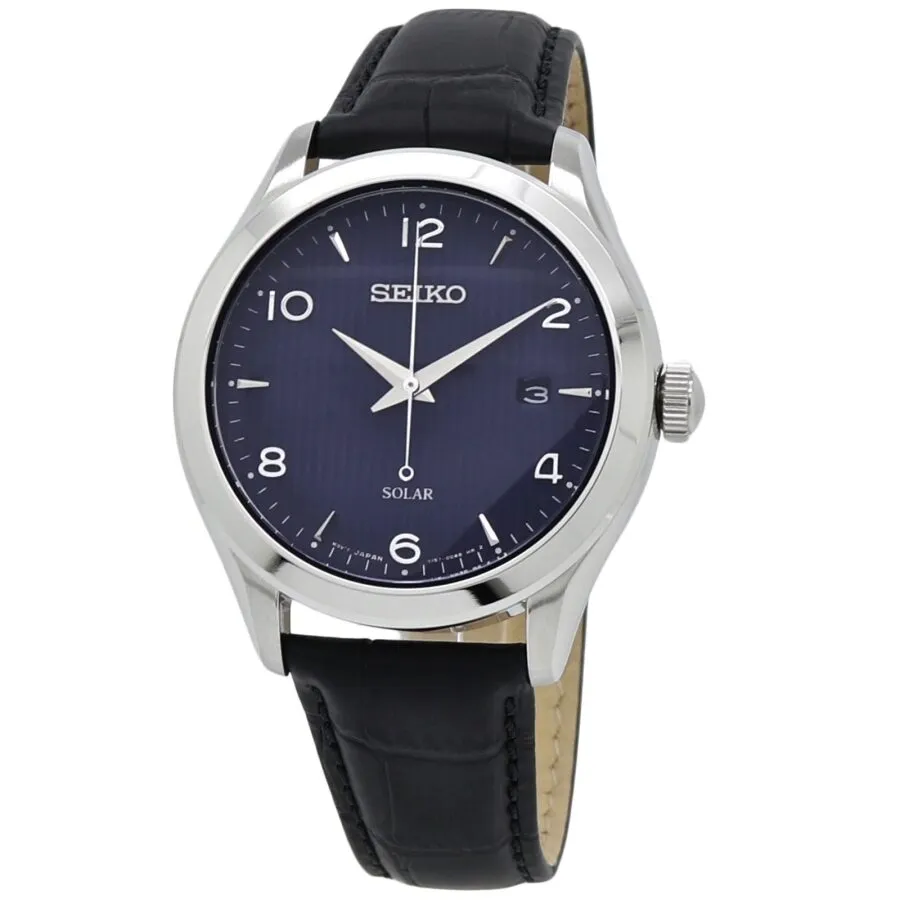 Seiko Solar Quartz Blue Dial Black Leather Men's Watch SNE491