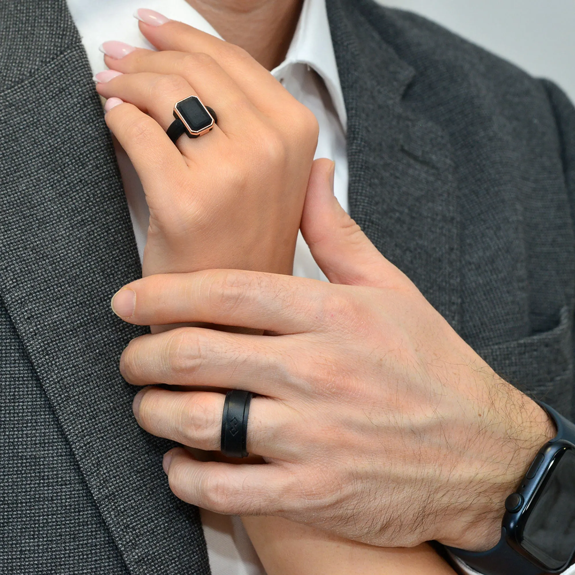 Set of Two Rings: Women's Black Emerald  & Men's Infinity Collection
