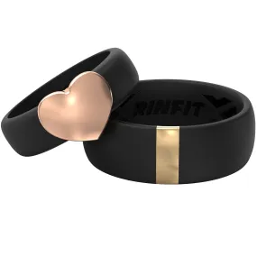Silicone Wedding Ring Sets for Couple – MetalBar & Metal Heart Collection. (Black - Gold / Rose gold)