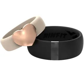 Silicone Wedding Ring Sets for Couple – MetalBar & Metal Heart Collection. (Black - Gunmetal Gray / Nude -Rose gold)