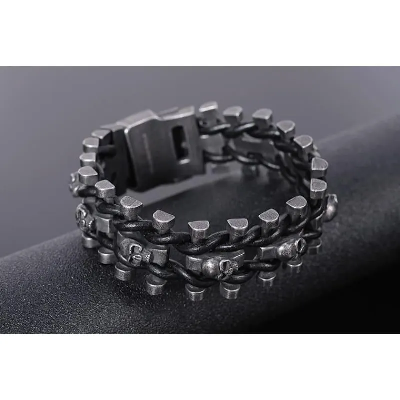 Stainless Steel & Leather Skull Mens Bracelet