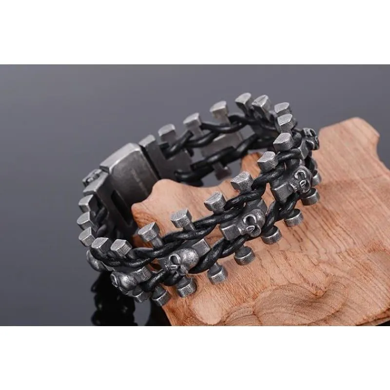 Stainless Steel & Leather Skull Mens Bracelet