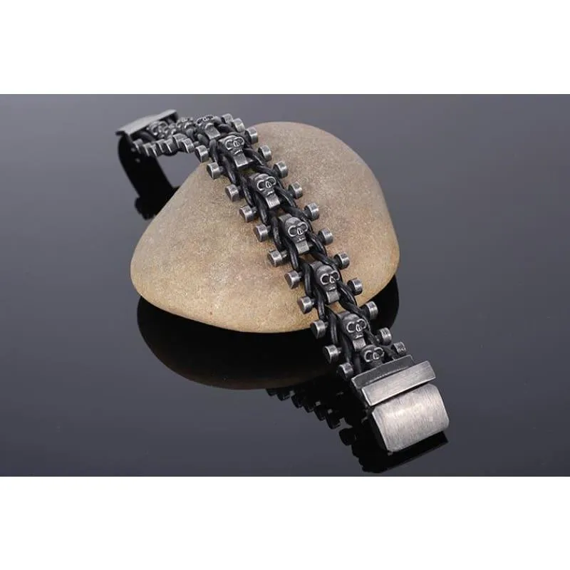 Stainless Steel & Leather Skull Mens Bracelet