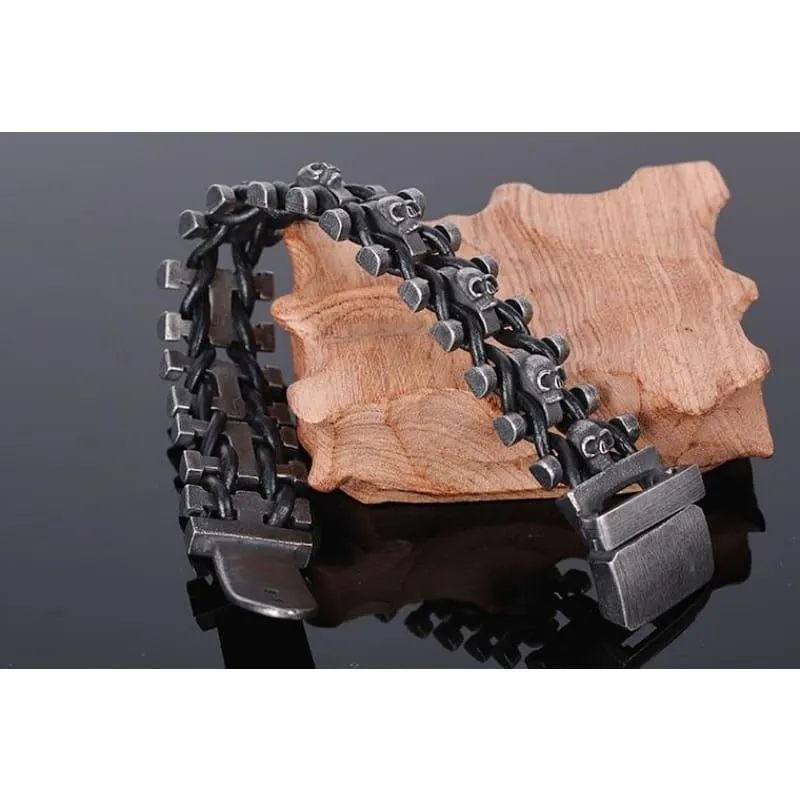 Stainless Steel & Leather Skull Mens Bracelet