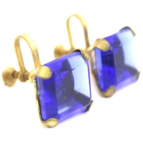 Vintage 1920s Earrings Cobalt Blue Glass Square Faceted Brass Screw Back 9/16" Art Deco Gatsby