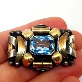 Women's art deco silver brooch, sterling silver, blue aquamarine, circa 1930.