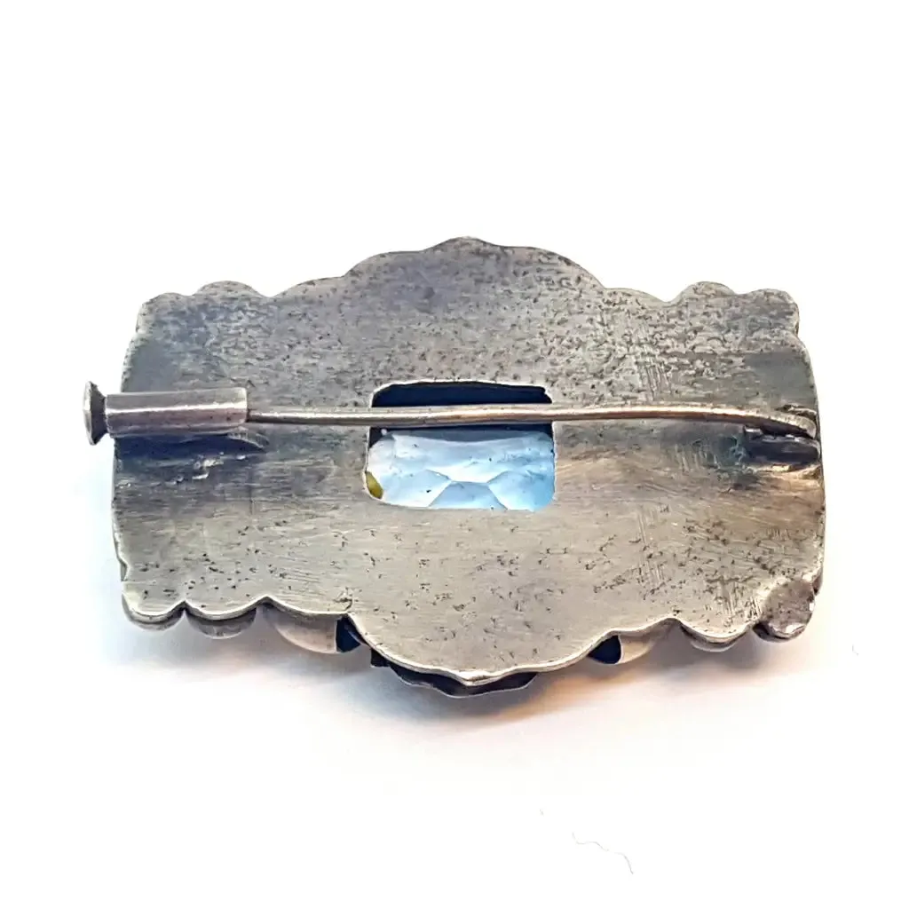 Women's art deco silver brooch, sterling silver, blue aquamarine, circa 1930.