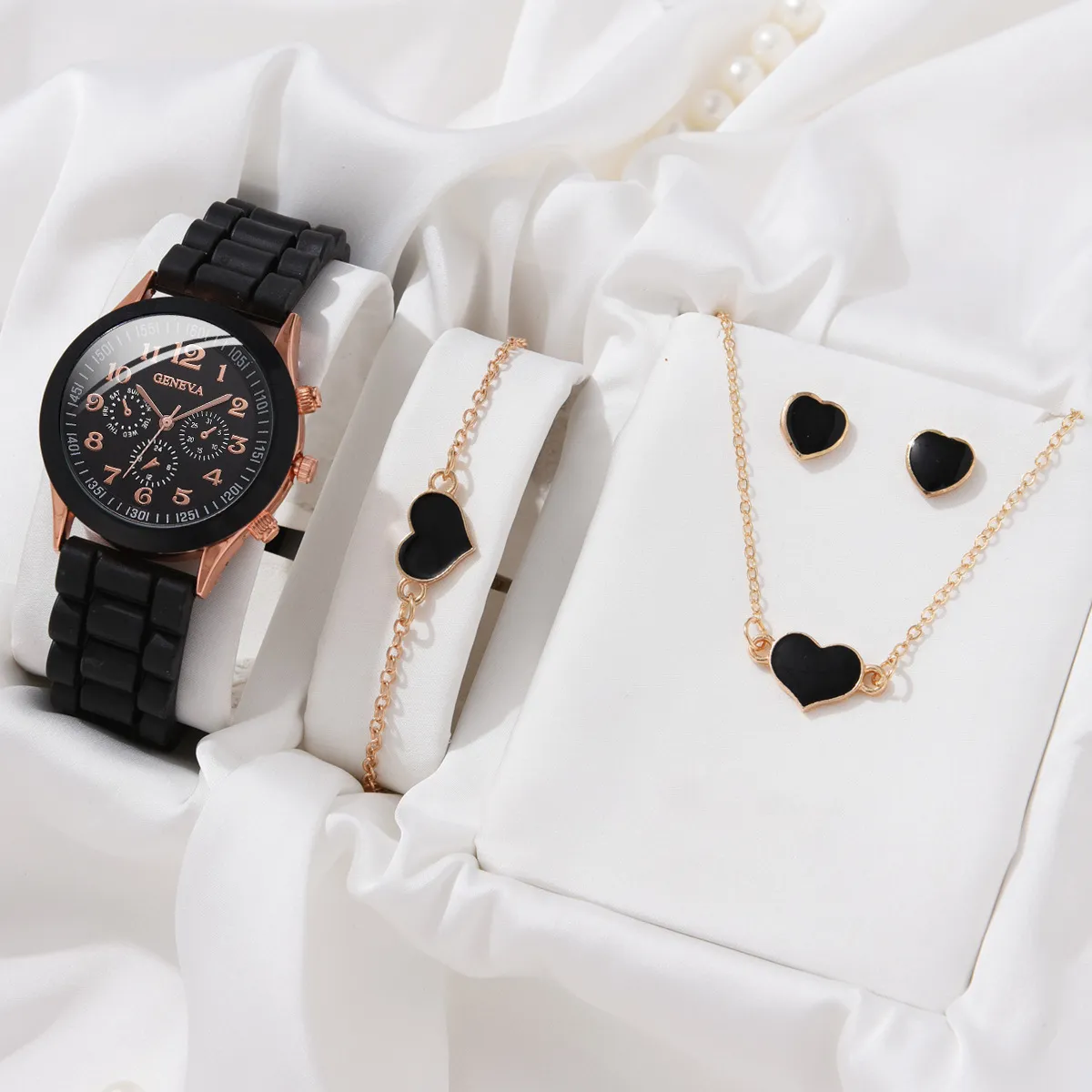Women's Classic Leather Strap Watch and Jewellery Set