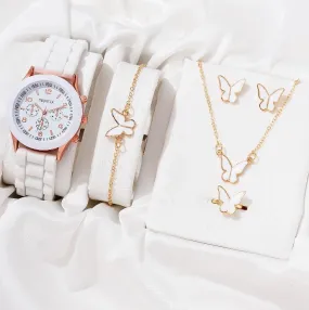 Women's Classic Leather Strap Watch and Jewellery Set