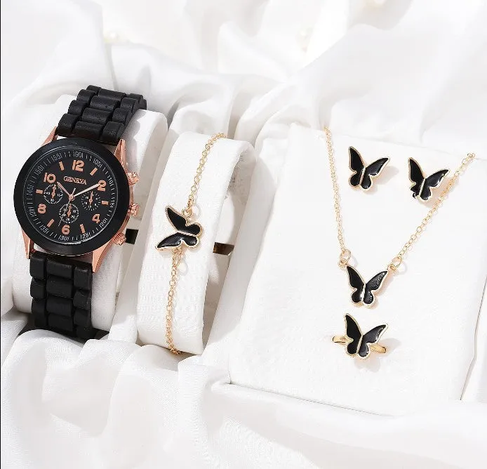 Women's Classic Leather Strap Watch and Jewellery Set